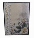 A square decorative card or art print featuring a vintage design with white lace along the left side, cursive script on a cream background, and watercolor-style roses and butterflies in the lower right corner.
