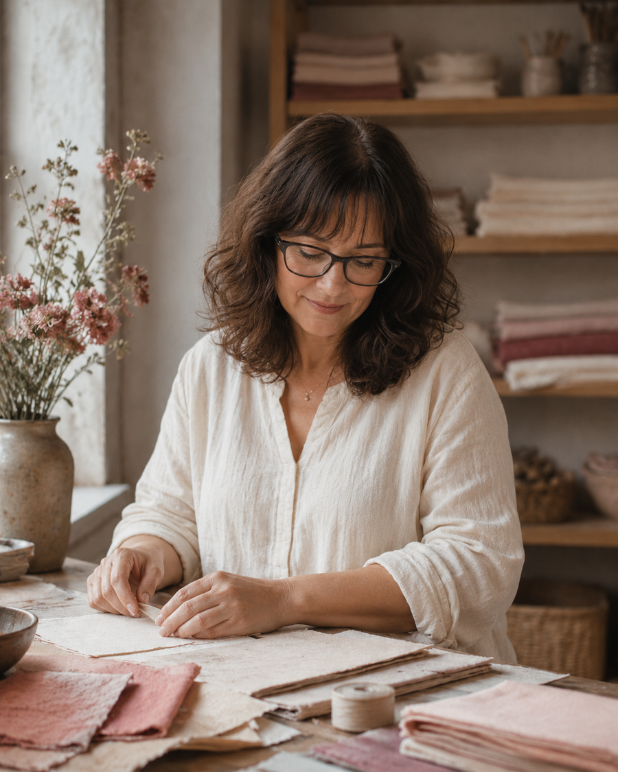 Rina in her handmade craft studio